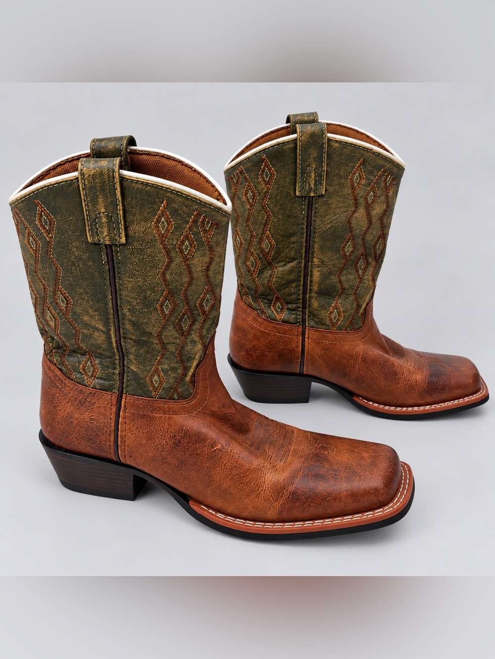 Dan Post Youth Brown & Olive Green Embroidered Square Toe Cowboy Boots Youth 5D - Picture 7 of 9